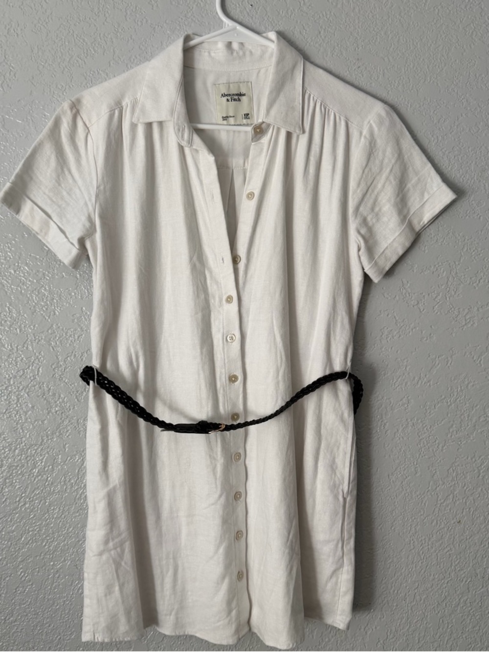 Abercrombie & Fitch Cream Button-Front Shirt Dress with Black Braided Belt